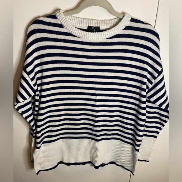 Tahari Sweaters - Women’s Tahari Striped Jersey Pullover Sweater, Navy Blue/White, XL